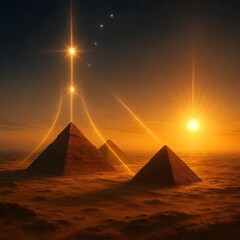 Glowing pyramids under a golden sunset sky, with beams of light illuminating the desert landscape in a surreal atmosphere