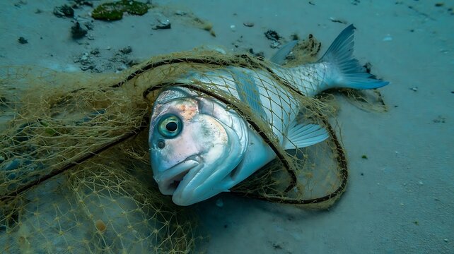 Fish trapped in fishing net underwater environmental issue