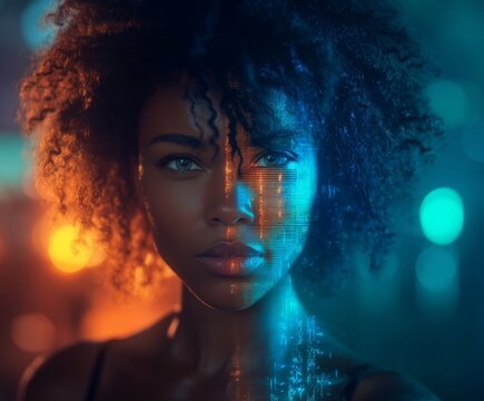 Future portrait of a woman with cybernetic enhancements and glowing lights