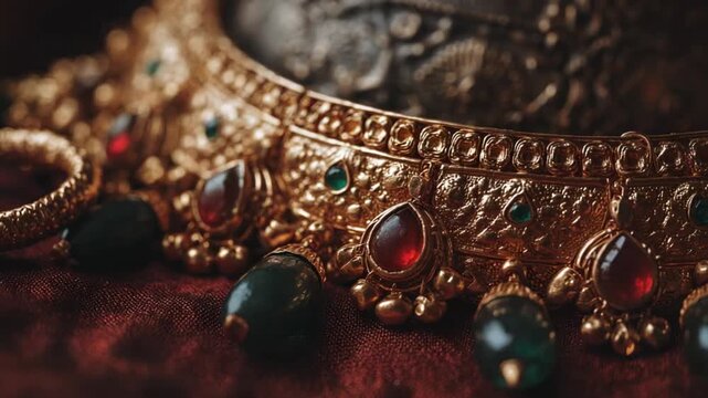 Ornate gold jewelry with emeralds and rubies on a textured surface