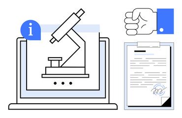 Microscope image on laptop, signed document on clipboard, and hand gesture symbolizing approval. Ideal for research, science, education, data analysis, documentation agreement communication. Simple