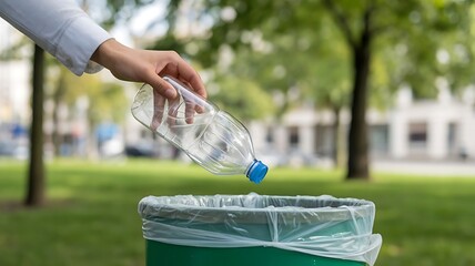 Hand throwing a plastic bottle into a trash can in a park