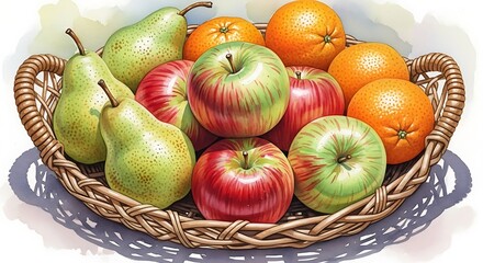 A Wicker Basket Overflowing with Fresh Apples and Pears.