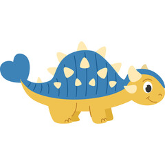 Cartoon illustration of a blue and yellow dinosaur with a heart-shaped tail and yellow spikes standing on a transparent background