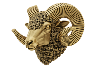 Ornate golden ram head sculpture with intricate patterns isolated on transparent background