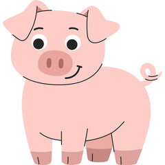 Cartoon Pink Pig Standing Facing Forward With A Curled Tail and A Happy Smile Against A Transparent Background