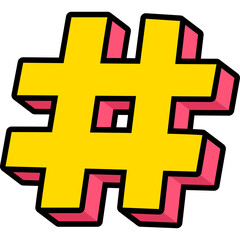 Bold Yellow Hashtag Symbol With Pink Outline and Shadow Effect Isolated on Transparent Background