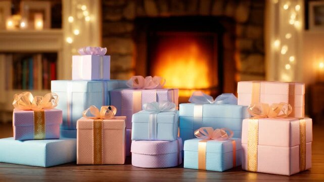 Gift boxes assortment with bows near a fireplace for festive celebrations