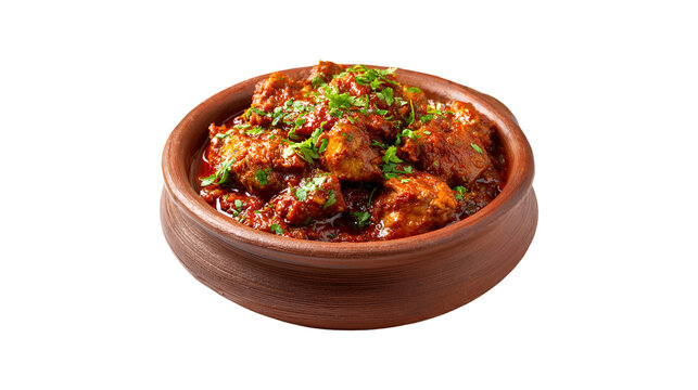 A savory bowl of tender meat curry simmered in a rich red sauce and garnished with fresh green herbs in a traditional earthenware pot