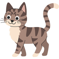 Obraz premium Brown tabby kitten with white chest and paws standing and looking forward with large eyes and a smiling mouth a simple cartoon illustration with a transparent background and clear outlines