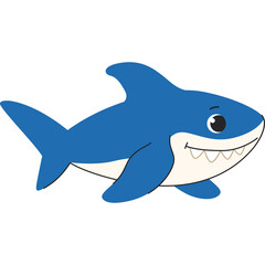 Cartoon Blue Shark Character Illustration with Smiling Face and White Teeth Set Against a Transparent Background Simple Aquatic Life