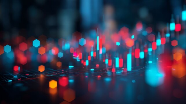 Abstract financial stock chart with glowing bars and geometric shapes