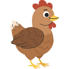 Brown Cartoon Chicken Standing Profile View With Red Comb And Yellow Beak Against White Background