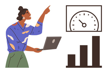 Woman holding laptop while pointing upwards, alongside a speedometer and bar chart. Ideal for presentation, analysis, progress tracking, performance, education, leadership technology. Simple flat