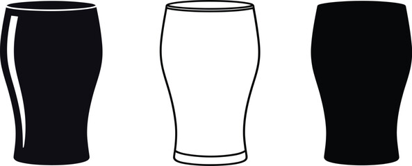 A row of three pint glasses in black and white on a white background