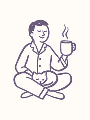 Man with coffee and cat morning routine sketch line art vector illustration