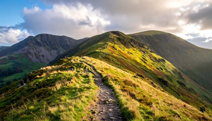 Sunny mountain range with a winding path leading over a ridge