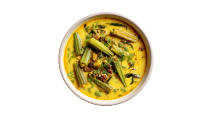 A delicious and creamy okra curry served in a light colored bowl garnished with fresh dill and spices on a white background