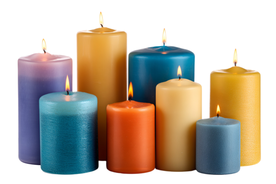 A collection of colorful lit candles of various sizes and shapes against a black background