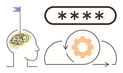 Person with tangled thoughts, gear representing processes, password field, and cloud arrows symbolize data security, mental clarity, technology workflow. Ideal for innovation, problem-solving