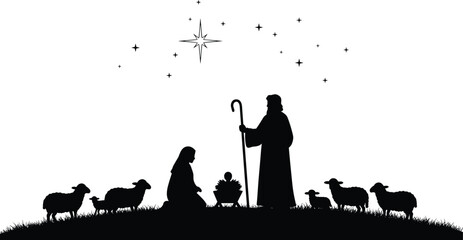 Nativity scene silhouette, baby Jesus in manger, shepherd with sheep, star of Bethlehem, Christian Christmas illustration, holy night religious artwork