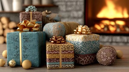 Wrapped gifts in warm light with fireplace background for holiday season - Powered by Adobe