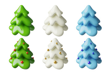 3d Christmas trees isolated on white background. Green, snowy white and blue pines collection with and without holiday decorations. Vector illustrations set.