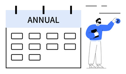 Large annual calendar with grid, man holding document and coin. Ideal for planning, scheduling, finance, goals, organization, budgeting productivity. Simple flat metaphor