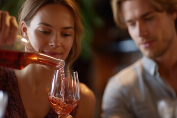 Young caucasian adults enjoying wine tasting experience together