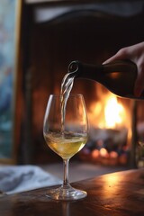Fototapeta premium Wine pouring into glass by cozy fireplace ambiance with warm glow