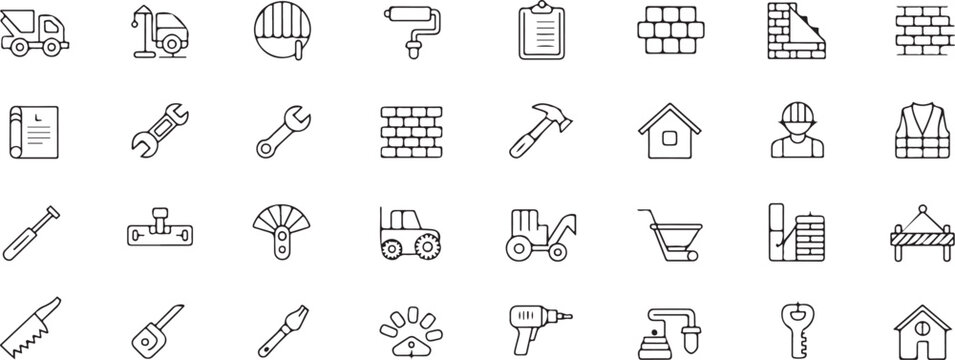 Set of construction and building web icons in line style. Vector illustration of home repair, tools, crane, excavator, contractor, builder, architecture, construction site, mobile app, flat design. - Powered by Adobe