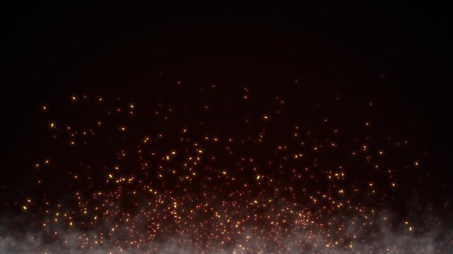 Animated coal particles. Sparks of fire on a black background with realistic smoke. Glowing coals. Abstract particle background with animated moving glowing orange particles. eamless looping video 4K