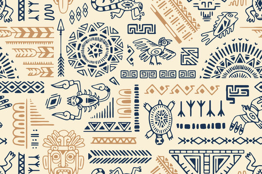 Endless background of ancient ethnic ornament with abstract elements. Repeatable pattern of Aztec signs and symbols, tribal figures of animals and geometric forms. Flat seamless vector illustration
