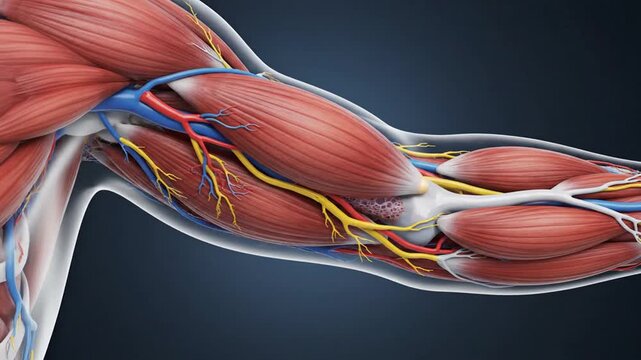 Anatomical illustration of arm muscles tendons arteries veins and nerves educational and medical visuals