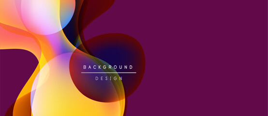 Abstract colorful shapes overlap, creating dynamic background. Purple dominates, accented by yellow, orange, lavender hues. Modern design element.