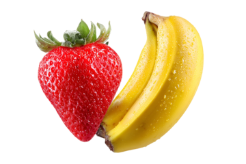 Vibrant red strawberry and yellow banana against a stark black background