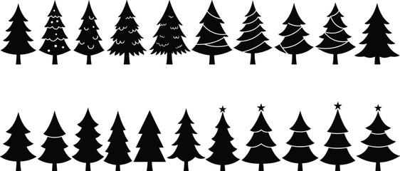 Pine tree silhouette, evergreen forest collection, decorative woodland vector, rustic holiday artwork, winter nature design, black graphic set, seasonal tree illustration