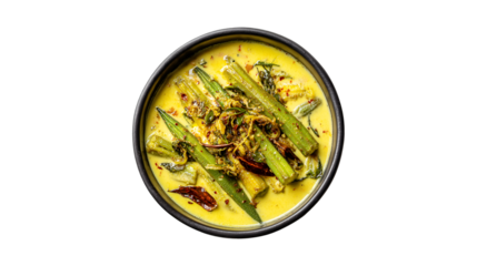 A vibrant and flavorful okra curry served in a dark bowl featuring a creamy yellow sauce infused with spices and whole green okra pods