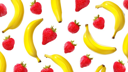 Vibrant seamless pattern of fresh ripe strawberries and yellow bananas on a black background
