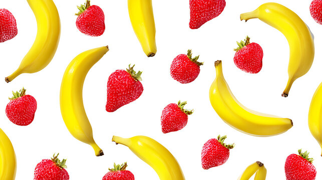 Vibrant seamless pattern of fresh ripe strawberries and yellow bananas on a black background