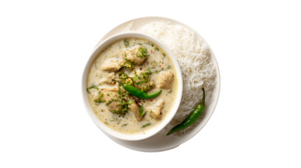A delicious bowl of white chicken curry and rice garnished with fresh green chilies and herbs