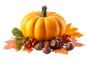 Vibrant orange pumpkin surrounded by autumn leaves and berries with chestnuts