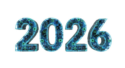 Happy New Year 2026. The year 2026 in a futuristic, high-tech style. Features a blue circuit board texture. Perfect for technology or innovation concepts. Isolated.