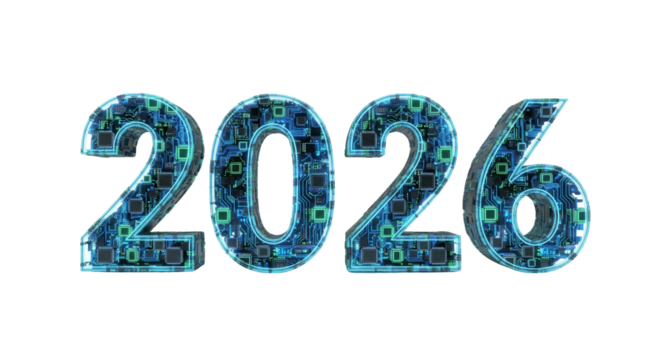 Happy New Year 2026. The year 2026 in a futuristic, high-tech style. Features a blue circuit board texture. Perfect for technology or innovation concepts. Isolated.