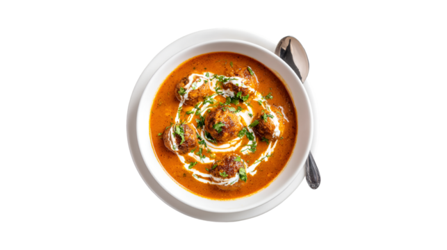 An overhead view of a savory meatball curry in a rich orange sauce topped with a swirl of cream and fresh green herbs in a white ceramic bowl - Powered by Adobe
