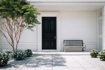Black double door with a wooden bench and green tree welcome visitors.