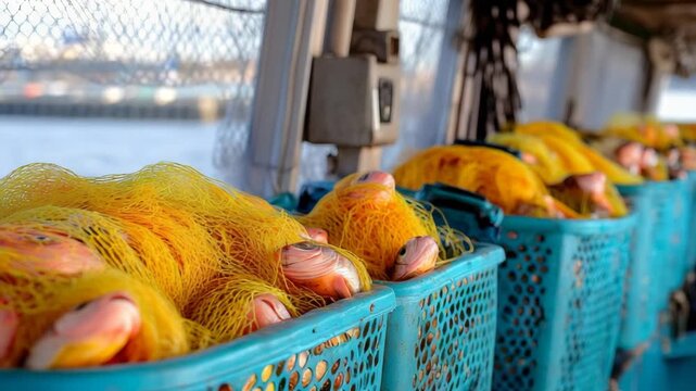 selective focus fish in net on boat deck