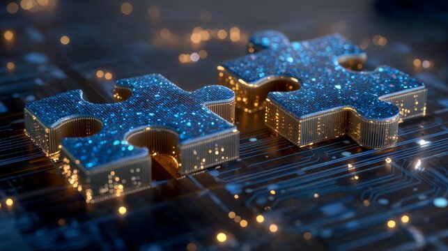 Cybersecurity solution, digital puzzle on circuit board technology