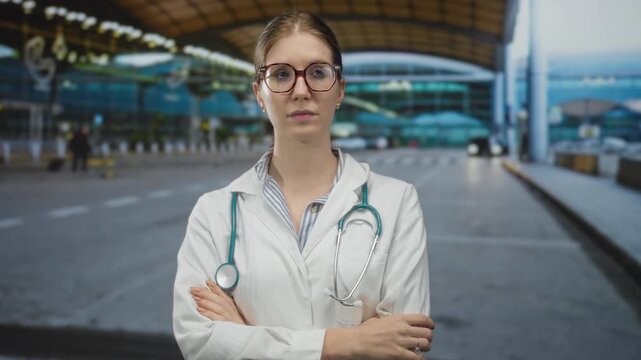Blonde woman in white coat wearing glasses with stethoscope crosses arms in busy airport terminal; confidence.