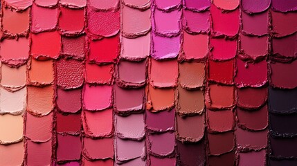 A close-up shot of a large palette filled with various shades of red and pink lipstick. The lipstick tubes are neatly arranged in a grid pattern